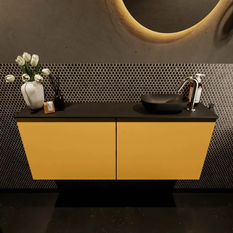 Populair Mondiaz Fowy toiletmeubel 120cm ocher met zwarte waskom rechts en kraangat