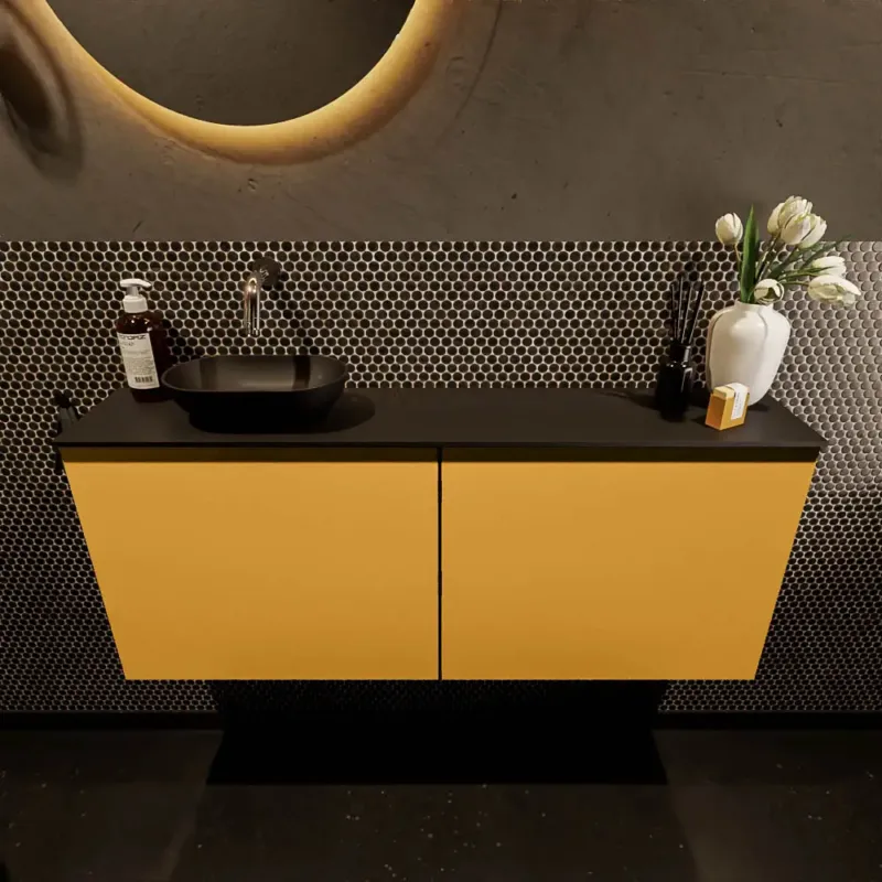 Alleen Vandaag Mondiaz Fowy toiletmeubel 120cm ocher met zwarte waskom links zonder kraangat