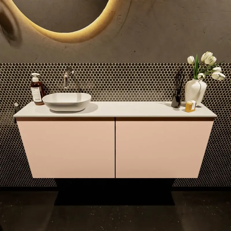 Alleen Vandaag Mondiaz Fowy toiletmeubel 120cm rosee met witte waskom links zonder kraangat