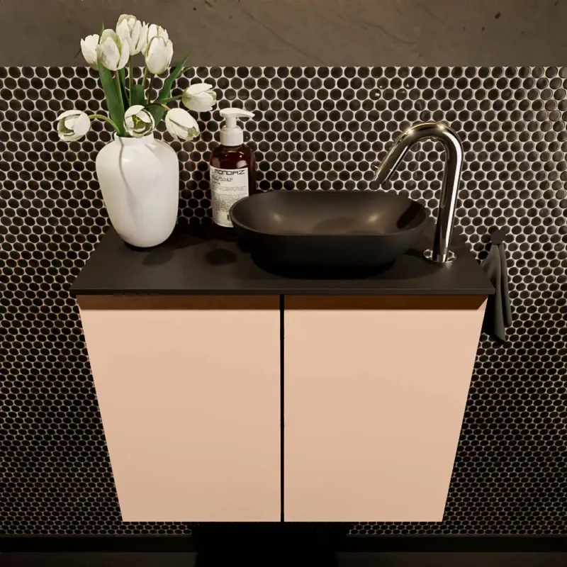 Superprijs Mondiaz Fowy toiletmeubel 60cm rosee met zwarte waskom rechts en kraangat