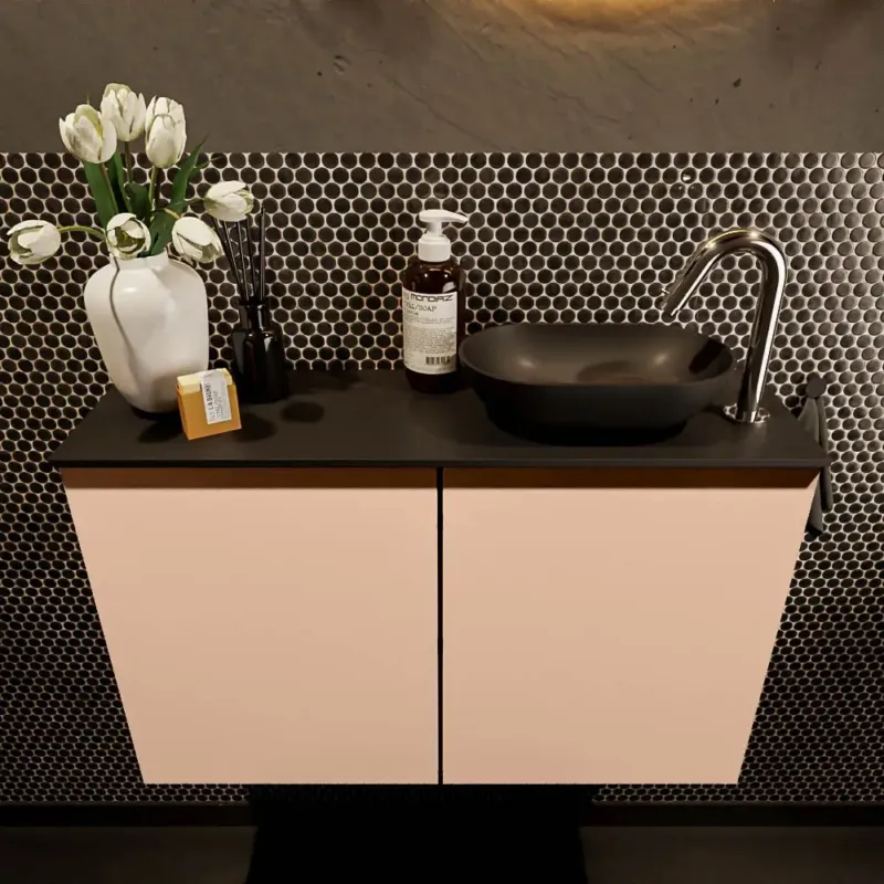 Beperkt Aanbod Mondiaz Fowy toiletmeubel 80cm rosee met zwarte waskom rechts en kraangat