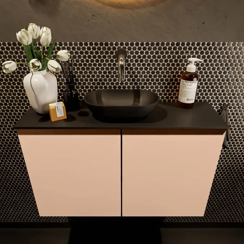 Premium Mondiaz Fowy toiletmeubel 80cm rosee met zwarte waskom midden zonder kraangat