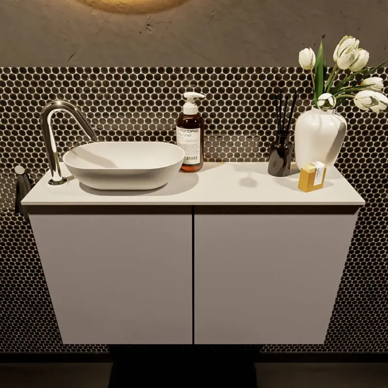 Superprijs Mondiaz Fowy toiletmeubel 80cm smoke met witte waskom links en kraangat