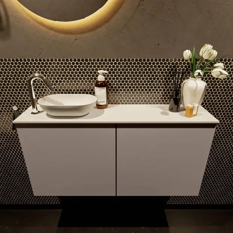 Tijdelijk Beschikbaar Mondiaz Fowy toiletmeubel 100cm smoke met witte waskom links en kraangat
