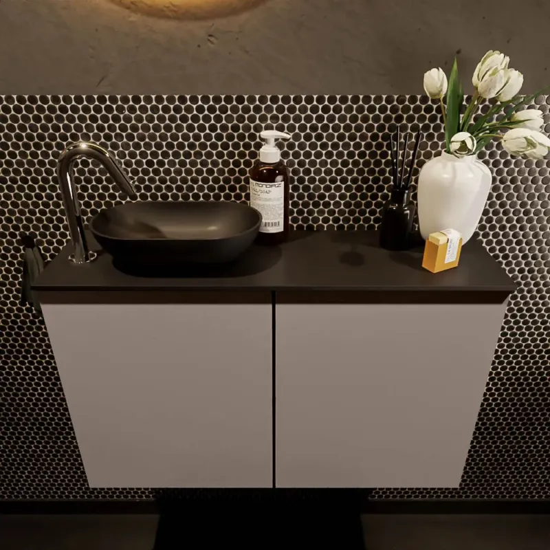 Voordeelprijs Mondiaz Fowy toiletmeubel 80cm smoke met zwarte waskom links en kraangat