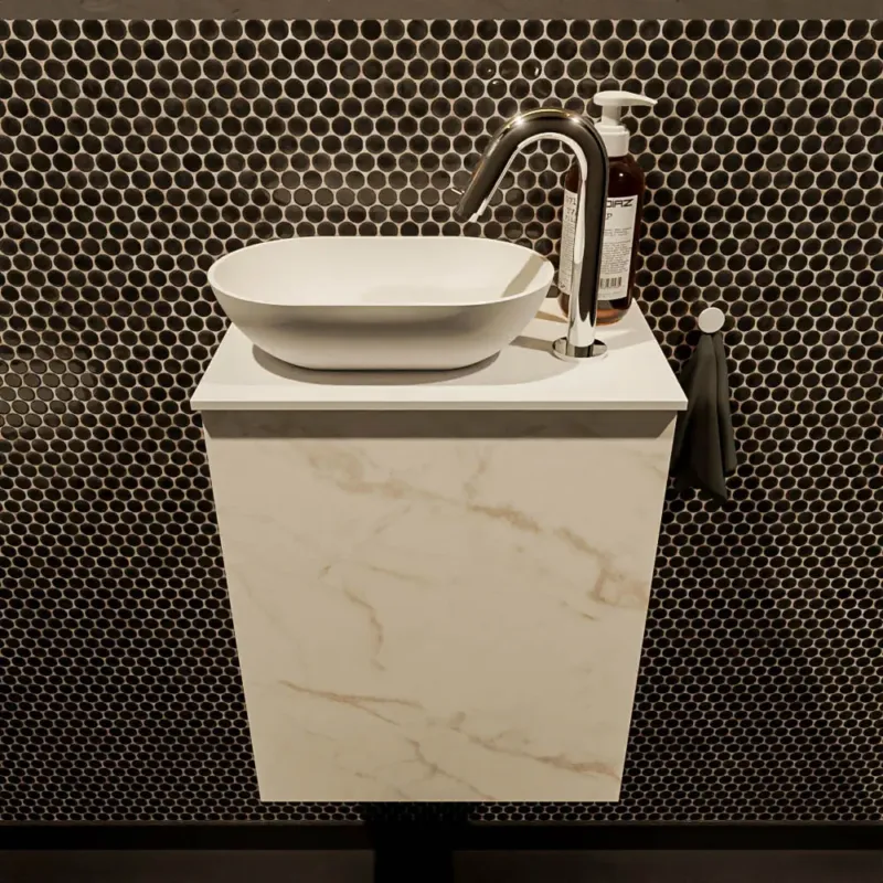 Actieprijs Mondiaz Fowy toiletmeubel 40cm Carrara met witte waskom links en kraangat