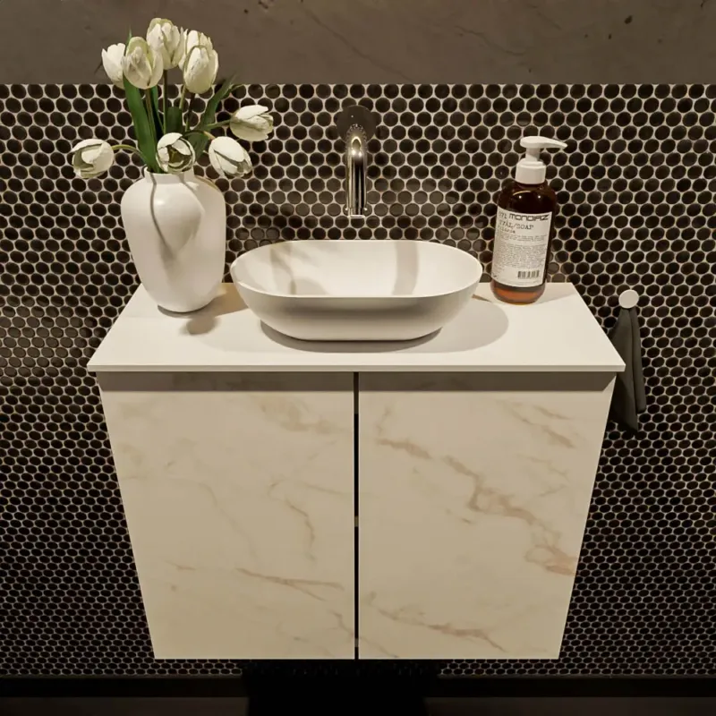 Aanbieding Mondiaz Fowy toiletmeubel 60cm Carrara met witte waskom midden zonder kraangat