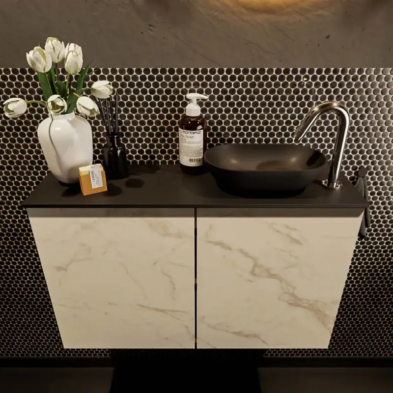 Seizoensaanbieding Mondiaz Fowy toiletmeubel 80cm Carrara met zwarte waskom rechts en kraangat