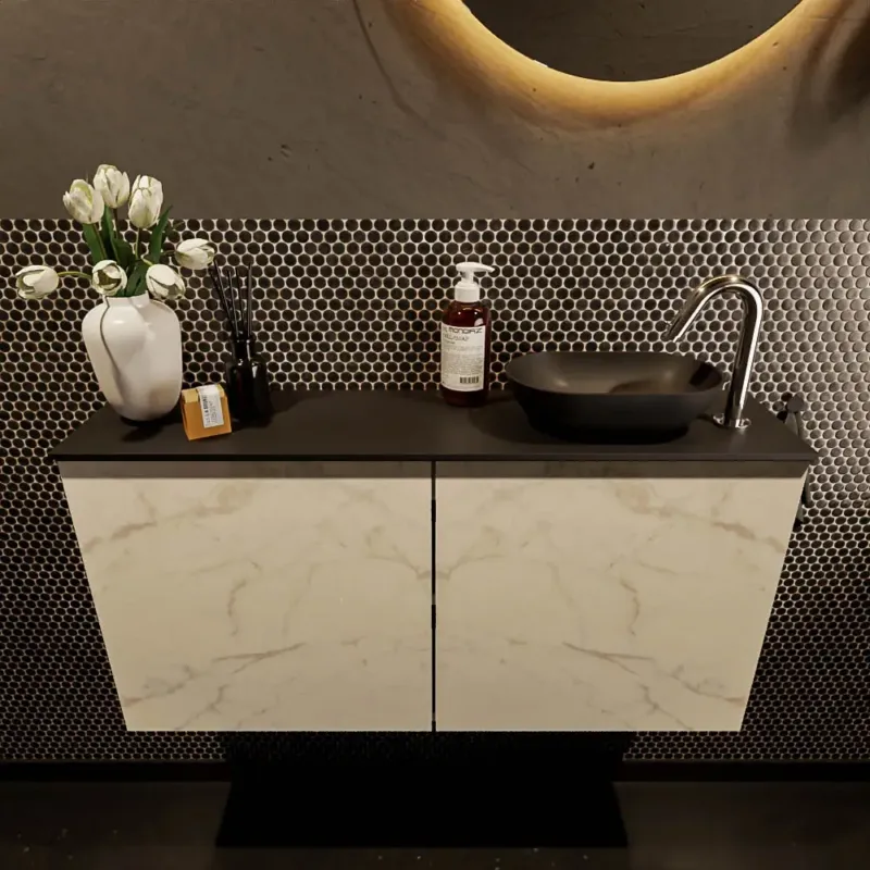 Uitverkoop Mondiaz Fowy toiletmeubel 100cm Carrara met zwarte waskom rechts en kraangat