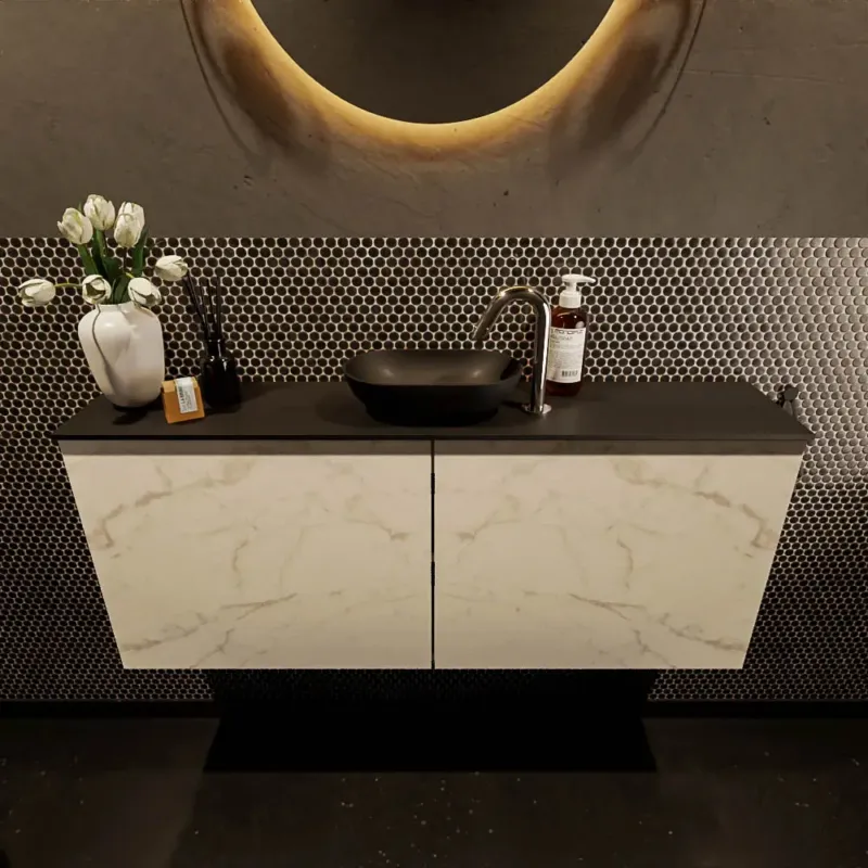 Tijdelijk Beschikbaar Mondiaz Fowy toiletmeubel 120cm Carrara met zwarte waskom midden en kraangat