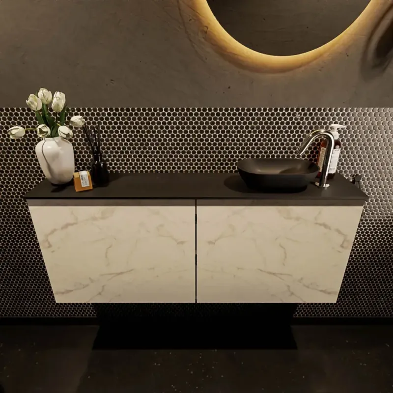 Voordeelprijs Mondiaz Fowy toiletmeubel 120cm Carrara met zwarte waskom rechts en kraangat