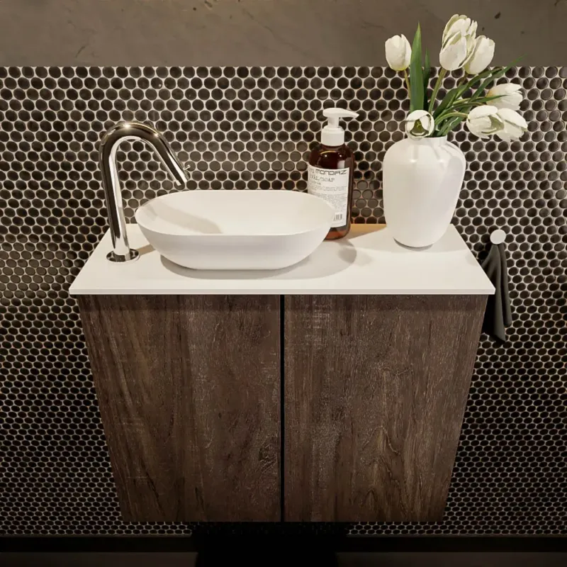 Premium Mondiaz Fowy toiletmeubel 60cm dark brown met witte waskom links en kraangat