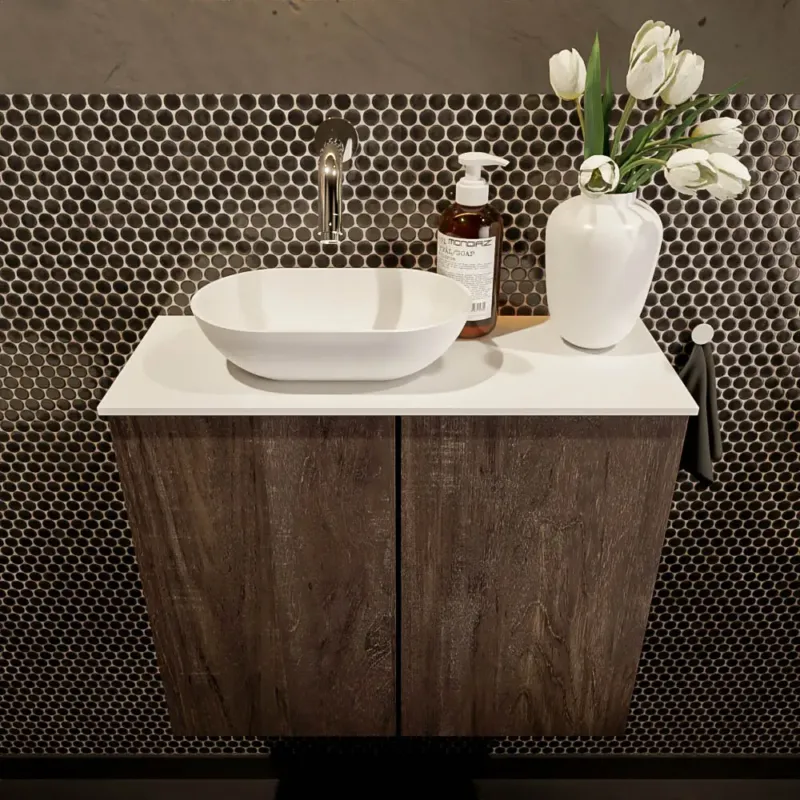 Premium Mondiaz Fowy toiletmeubel 60cm dark brown met witte waskom links zonder kraangat