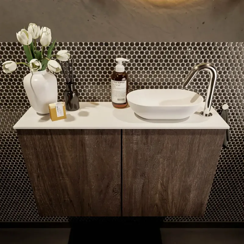 Speciale Aanbieding Mondiaz Fowy toiletmeubel 80cm dark brown met witte waskom rechts en kraangat