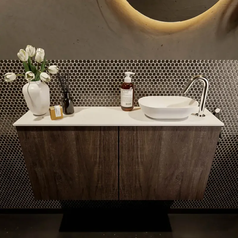 Populair Mondiaz Fowy toiletmeubel 100cm dark brown met witte waskom rechts en kraangat