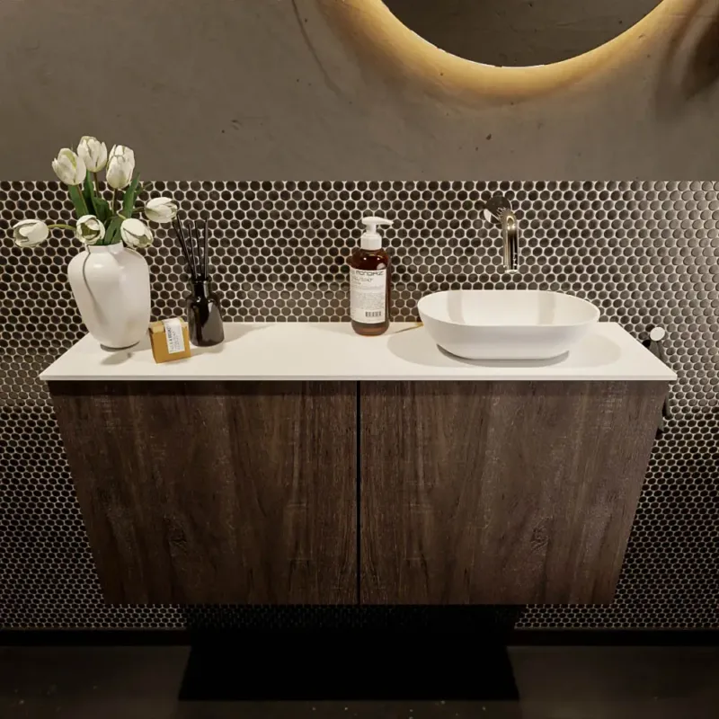 Actieprijs Mondiaz Fowy toiletmeubel 100cm dark brown met witte waskom rechts zonder kraangat
