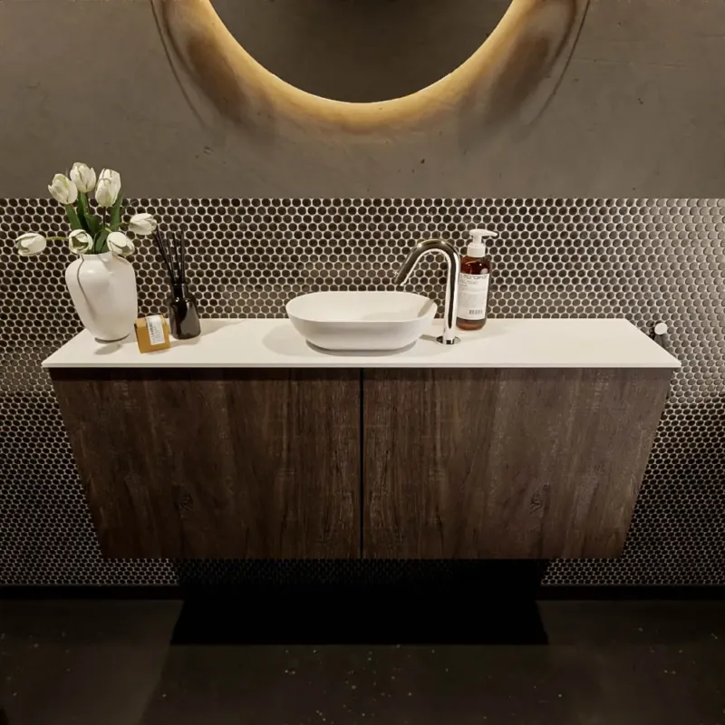 Must-Have Mondiaz Fowy toiletmeubel 120cm dark brown met witte waskom midden en kraangat
