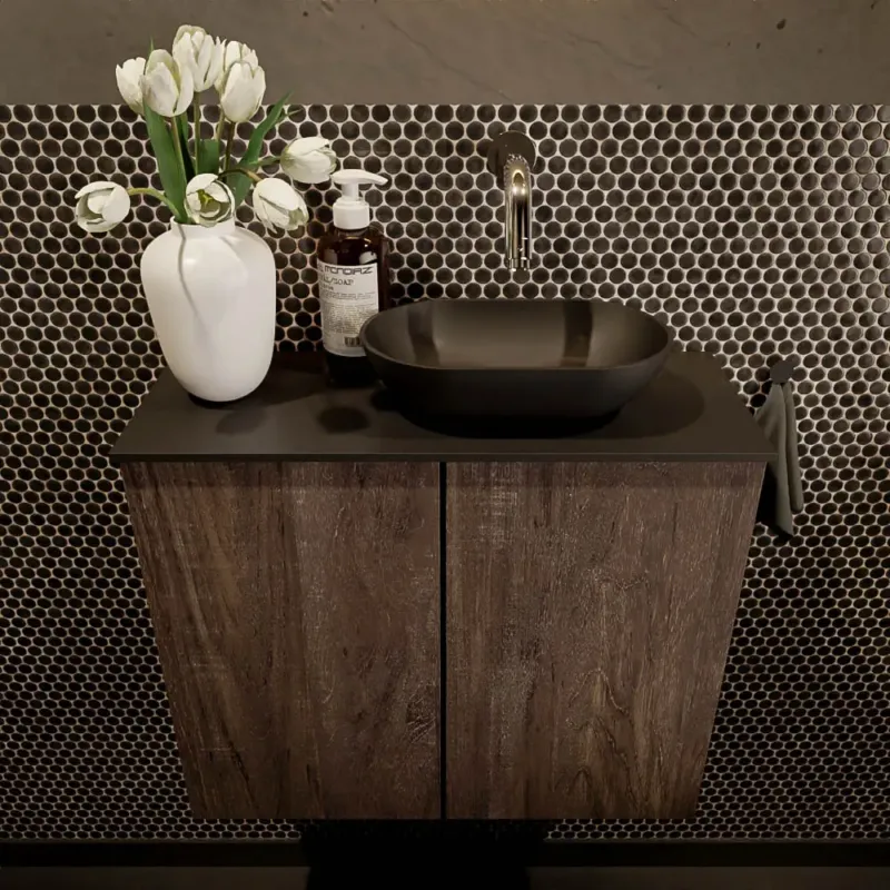 Speciale Aanbieding Mondiaz Fowy toiletmeubel 60cm dark brown met zwarte waskom rechts zonder kraangat