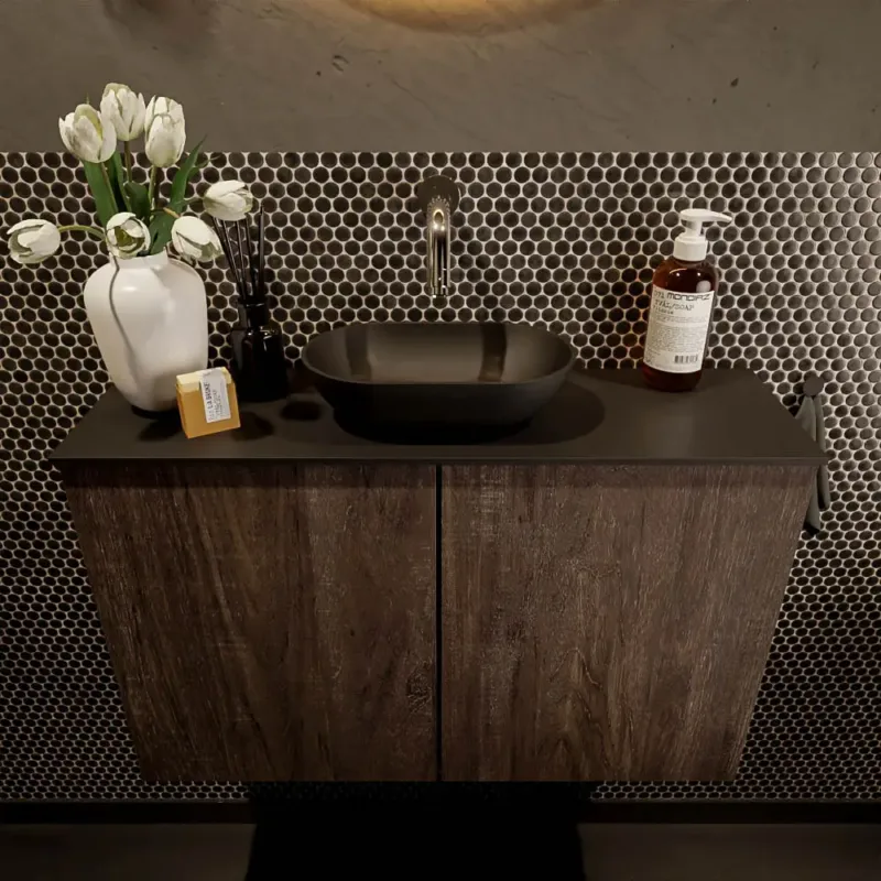 Seizoensaanbieding Mondiaz Fowy toiletmeubel 80cm dark brown met zwarte waskom midden zonder kraangat