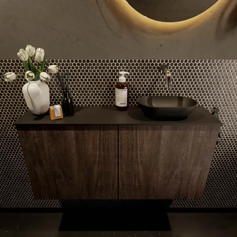 Nu Kopen Mondiaz Fowy toiletmeubel 100cm dark brown met zwarte waskom rechts zonder kraangat