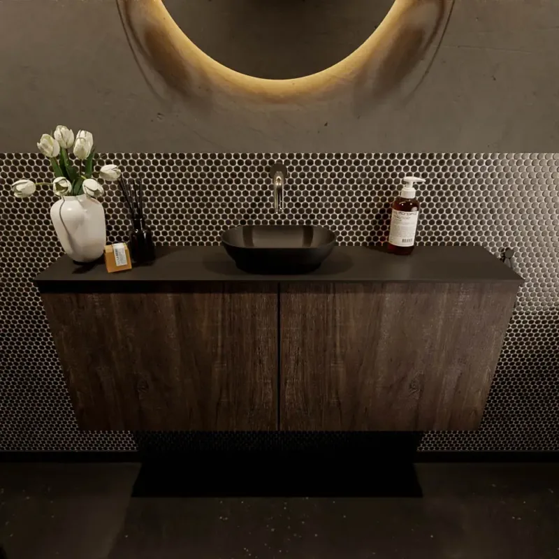 Speciale Aanbieding Mondiaz Fowy toiletmeubel 120cm dark brown met zwarte waskom midden zonder kraangat