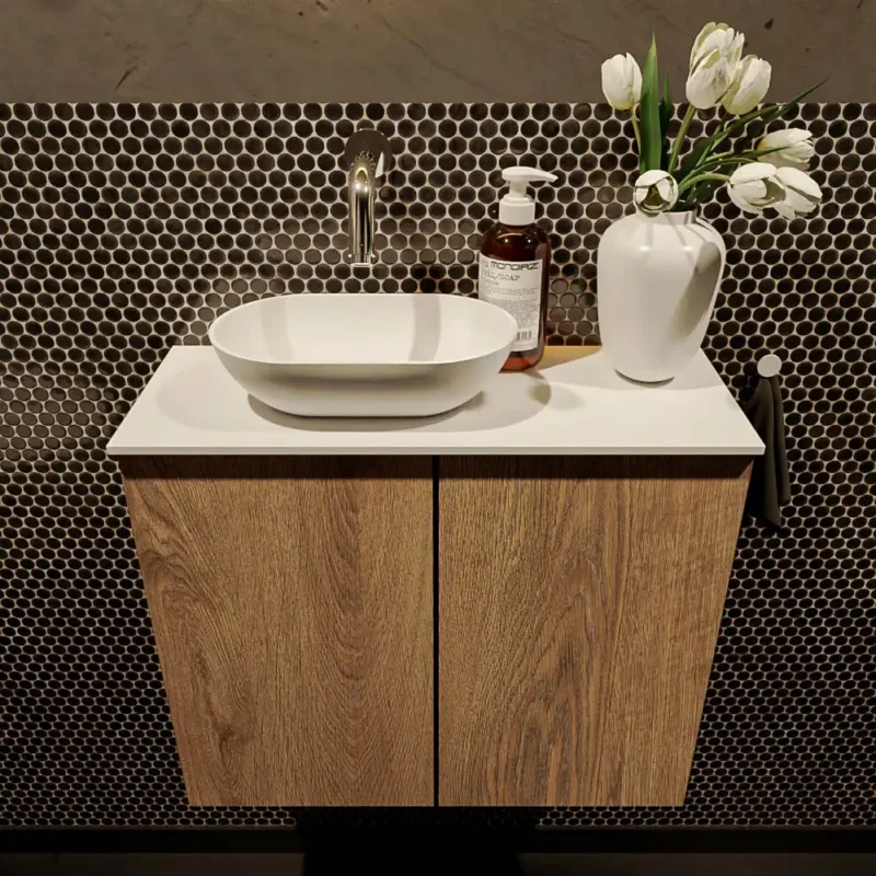 Actieprijs Mondiaz Fowy toiletmeubel 60cm washed oak met witte waskom links zonder kraangat