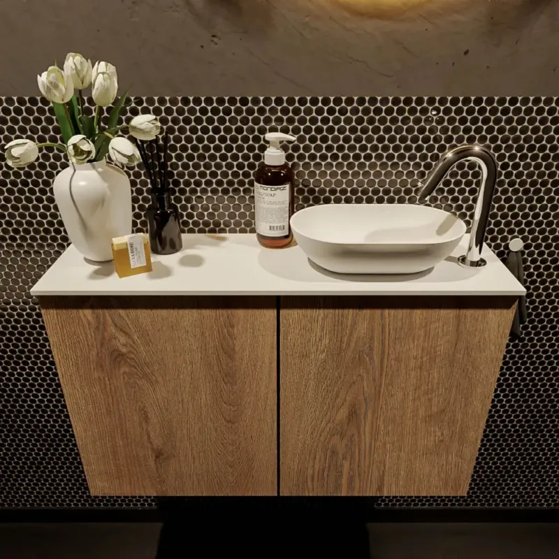 Superprijs Mondiaz Fowy toiletmeubel 80cm washed oak met witte waskom rechts en kraangat