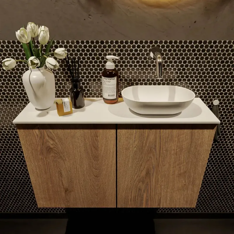 Alleen Vandaag Mondiaz Fowy toiletmeubel 80cm washed oak met witte waskom rechts zonder kraangat