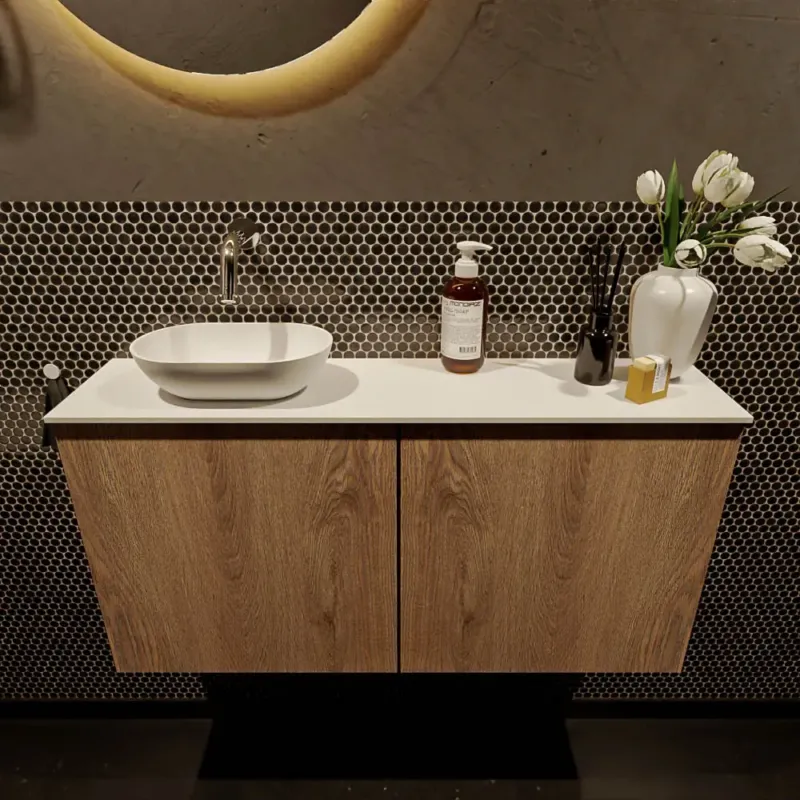 Premium Mondiaz Fowy toiletmeubel 100cm washed oak met witte waskom links zonder kraangat