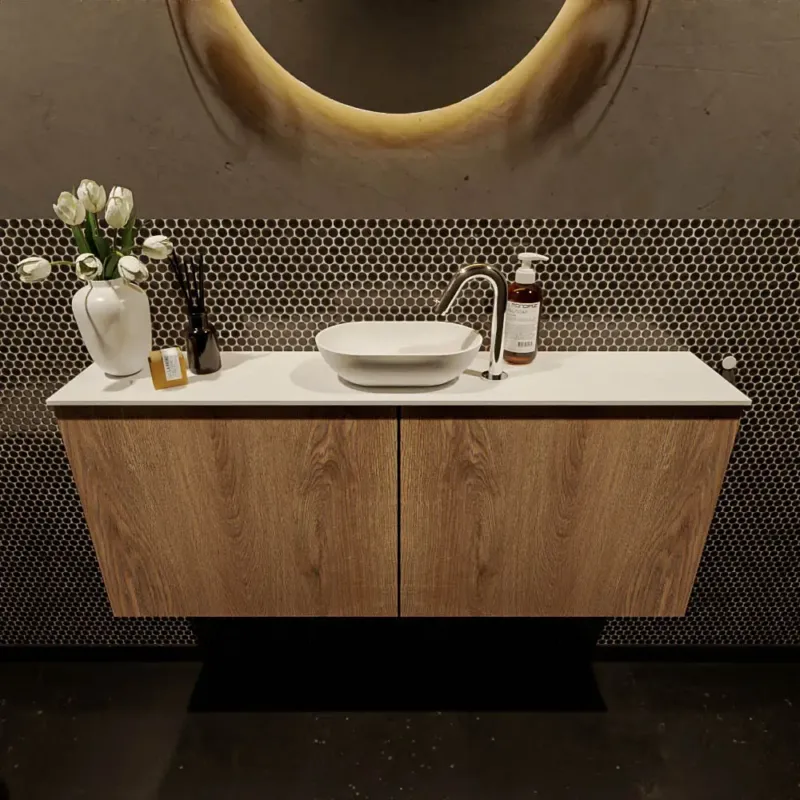 Voordeelprijs Mondiaz Fowy toiletmeubel 120cm washed oak met witte waskom midden en kraangat