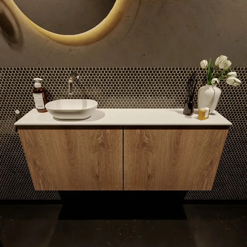 Snelle Levering Mondiaz Fowy toiletmeubel 120cm washed oak met witte waskom links zonder kraangat