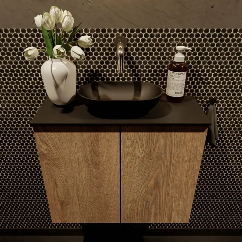 Aanbieding Mondiaz Fowy toiletmeubel 60cm washed oak met zwarte waskom midden zonder kraangat
