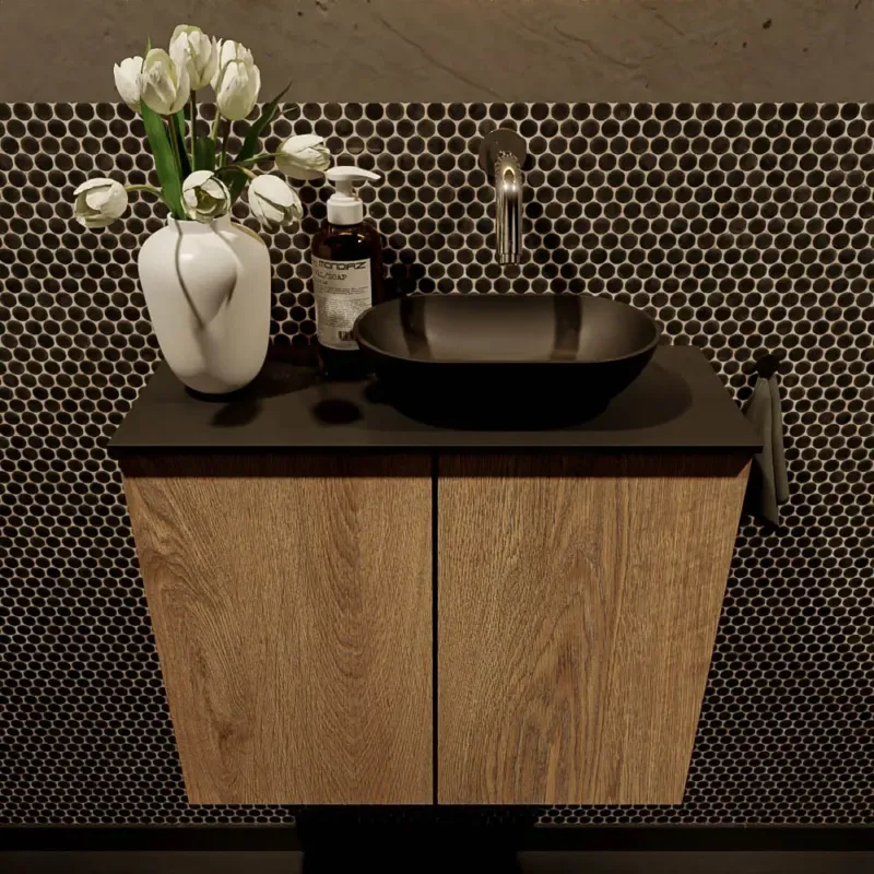 Nu Kopen Mondiaz Fowy toiletmeubel 60cm washed oak met zwarte waskom rechts zonder kraangat