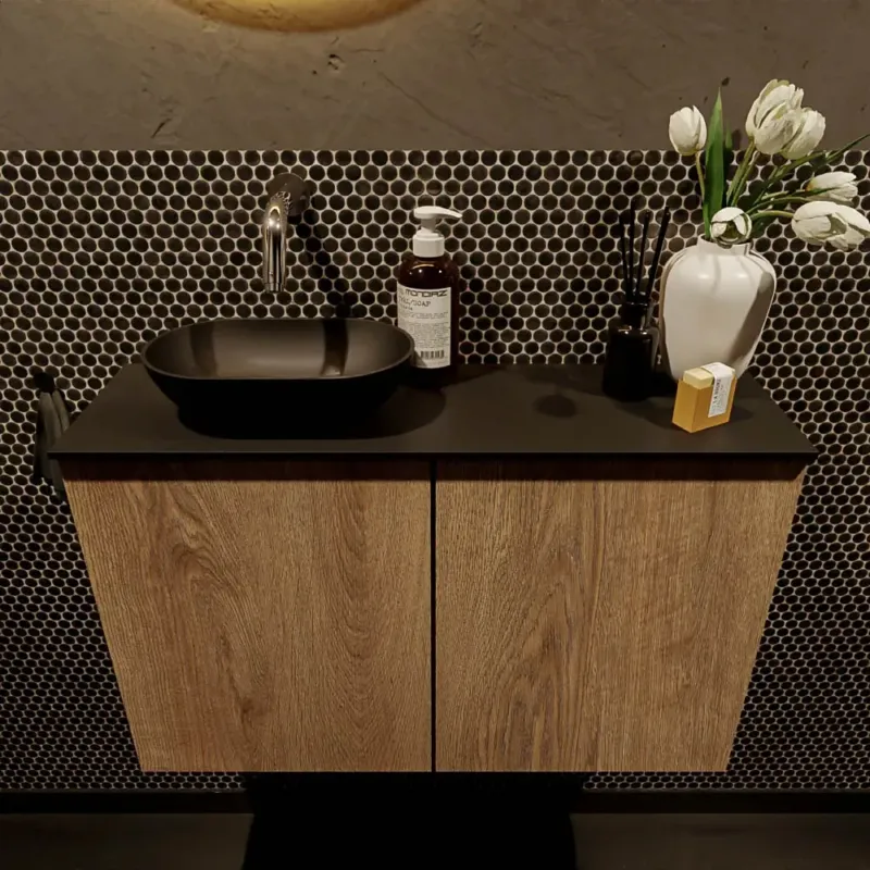 Rechtstreeks Van De Fabrikant Mondiaz Fowy toiletmeubel 80cm washed oak met zwarte waskom links zonder kraangat