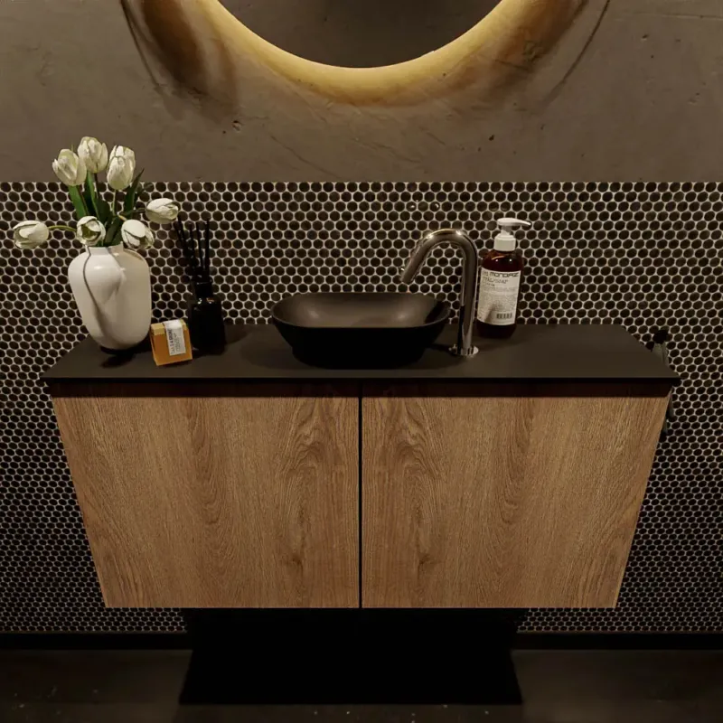 Nu Kopen Mondiaz Fowy toiletmeubel 100cm washed oak met zwarte waskom midden en kraangat