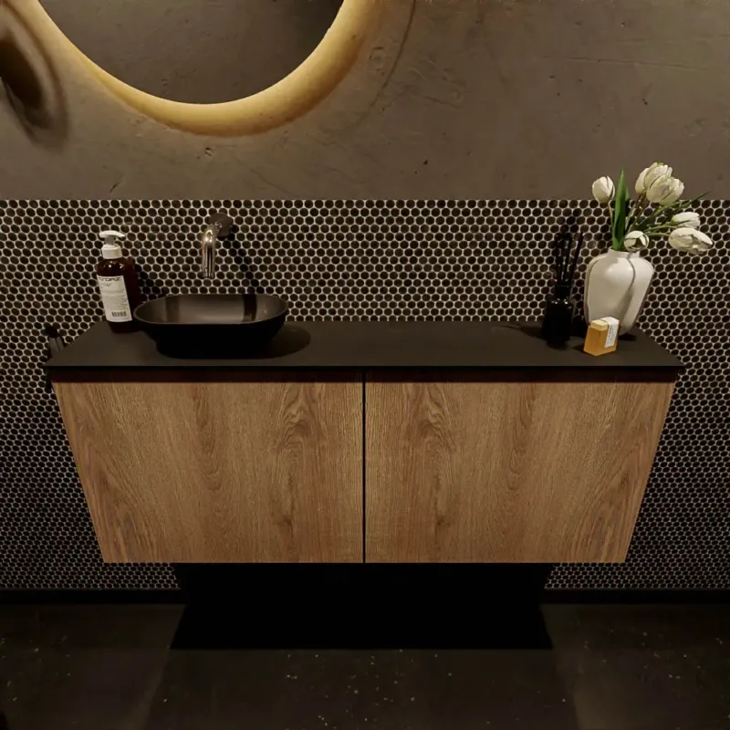 Actieprijs Mondiaz Fowy toiletmeubel 120cm washed oak met zwarte waskom links zonder kraangat