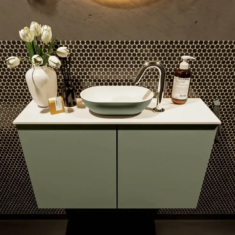 Veilige Betaling Mondiaz Fowy toiletmeubel 80cm army met legergroene waskom midden en kraangat