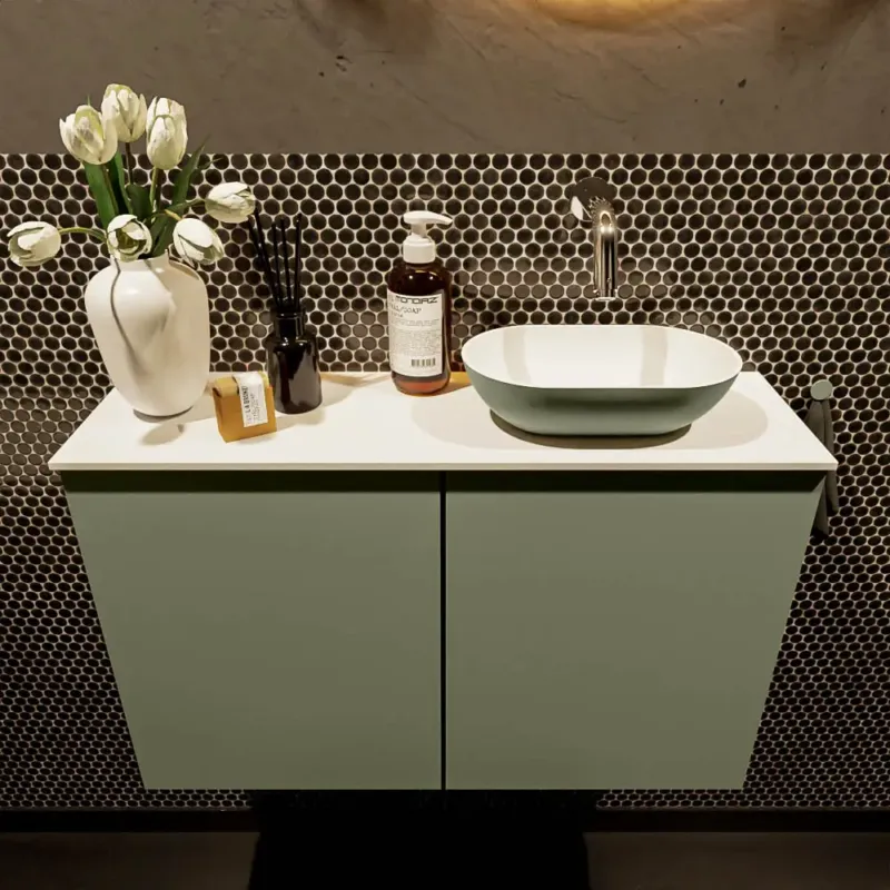 Voordeelprijs Mondiaz Fowy toiletmeubel 80cm army met legergroene waskom rechts zonder kraangat