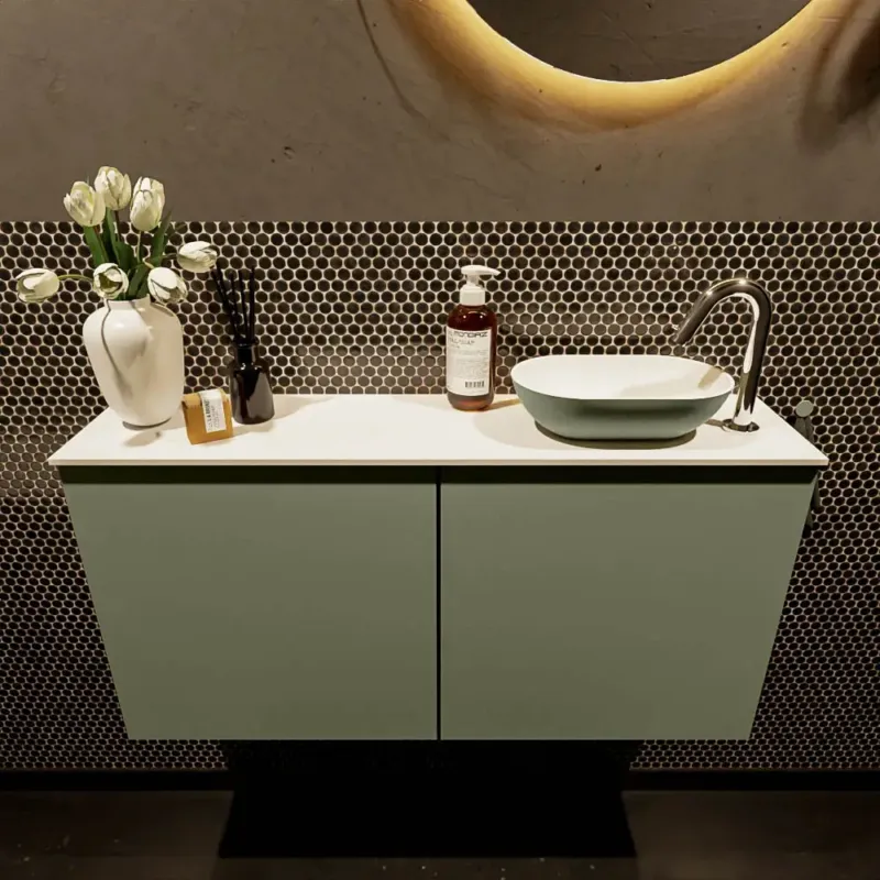Tijdelijk Beschikbaar Mondiaz Fowy toiletmeubel 100cm army met legergroene waskom rechts en kraangat