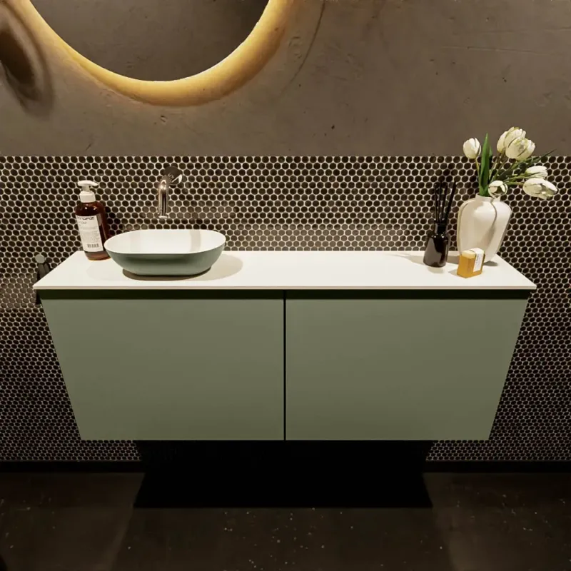 Seizoensaanbieding Mondiaz Fowy toiletmeubel 120cm army met legergroene waskom links zonder kraangat