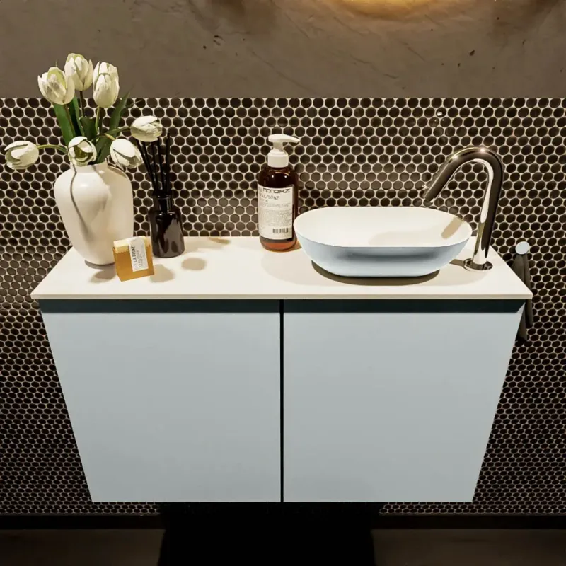 Voordeelprijs Mondiaz Fowy toiletmeubel 80cm clay met lichtgrijze waskom rechts en kraangat