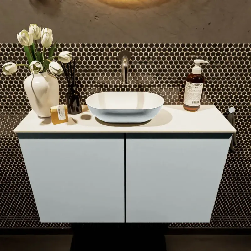 Uitverkoop Mondiaz Fowy toiletmeubel 80cm clay met lichtgrijze waskom midden zonder kraangat