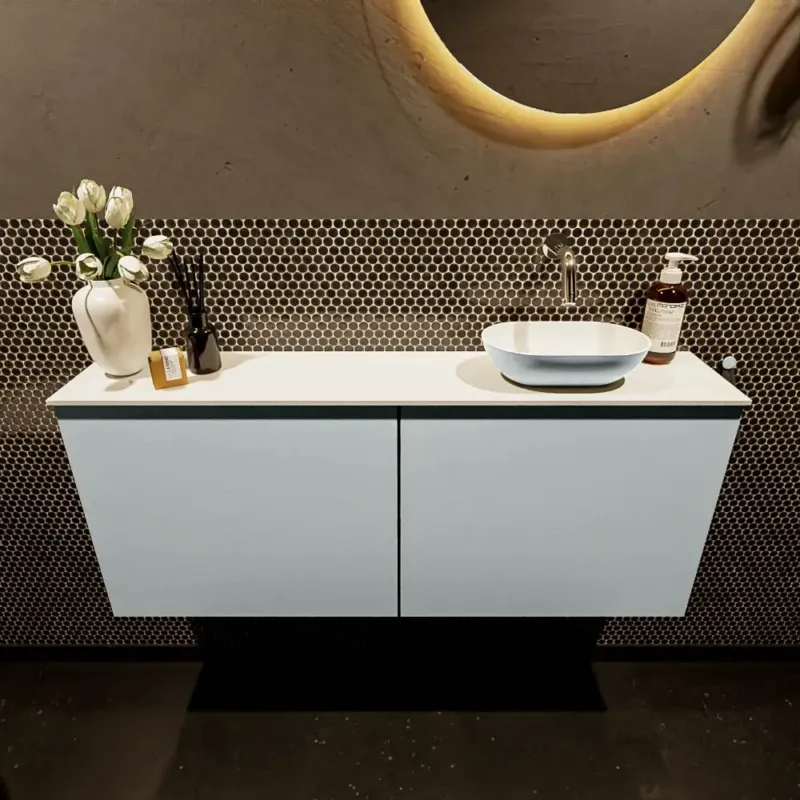 Op = Op Mondiaz Fowy toiletmeubel 120cm clay met lichtgrijze waskom rechts zonder kraangat