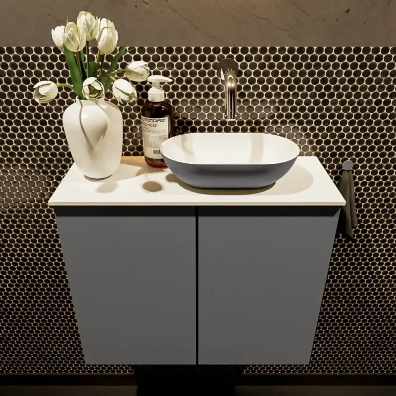 Rechtstreeks Van De Fabrikant Mondiaz Fowy toiletmeubel 60cm dark grey met antraciete waskom rechts zonder kraangat