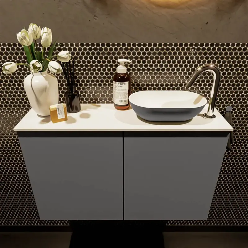 Rechtstreeks Van De Fabrikant Mondiaz Fowy toiletmeubel 80cm dark grey met antraciete waskom rechts en kraangat