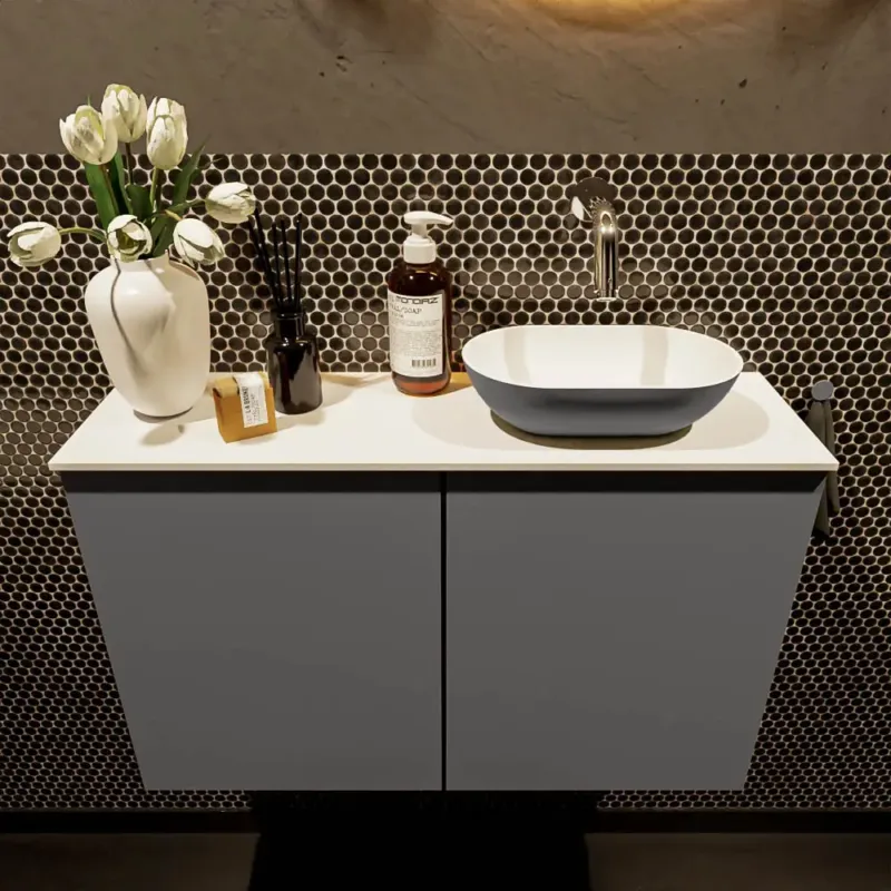 Must-Have Mondiaz Fowy toiletmeubel 80cm dark grey met antraciete waskom rechts zonder kraangat