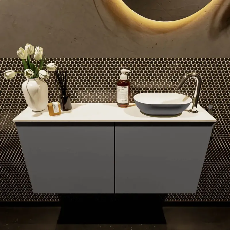 Rechtstreeks Van De Fabrikant Mondiaz Fowy toiletmeubel 100cm dark grey met antraciete waskom rechts en kraangat