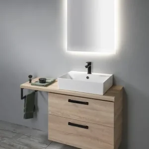 Weekendaanbieding Aqualine Vega 103.5cm badkamermeubel met witte vierkante waskom rechts eiken