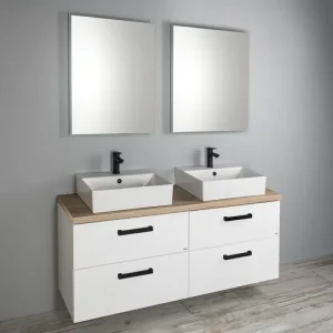 Tijdelijk Beschikbaar Aqualine Vega 144.5cm badkamermeubel met toppaneel en witte vierkante waskommen wit
