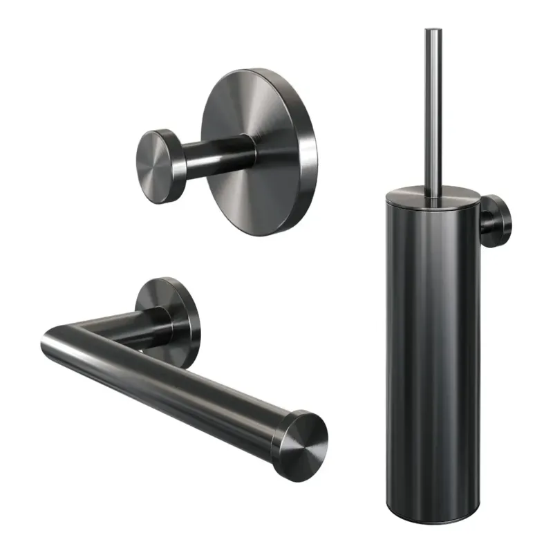 Express Levering Brauer Gunmetal Edition set met handdoekhaak, toiletrolhouder en toiletborstelset gunmetal geborsteld PVD